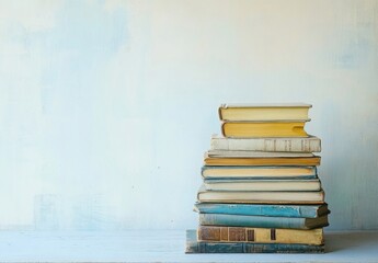 A stack of vintage books rests on a light blue wooden surface against a textured pastel wall, evoking a sense of calm and quiet study. : Generative AI