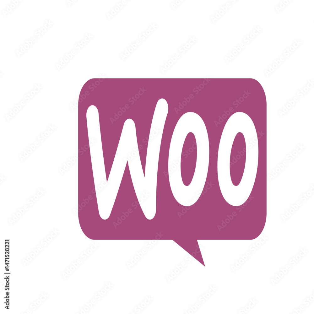 Poster white woo text inside a purple speech bubble with a tail pointing downwards on a white background im