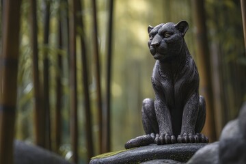 Dark panther sculpture nestled amidst a bamboo forest.