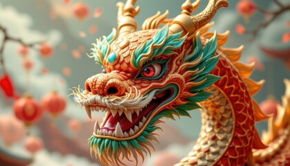 Fototapeta premium a stylized dragon. the dragon has intricate designs, particularly in its facial area where it showcases green and red scales, with blue accents and yellow eyes that glare fiercely