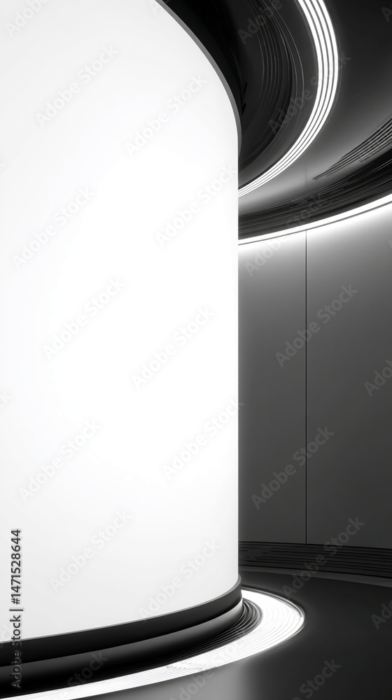 Poster curved white wall with black accents and illuminated lines, showcasing a modern and minimalist desig