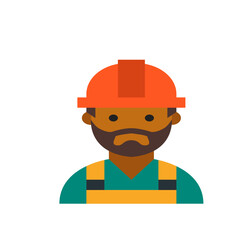 Illustration of a construction worker with a beard wearing a hard hat and overalls in a flat design style