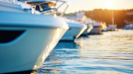 Luxury yachts moored at sunset, reflecting golden light on calm water.  A close-up view of pristine white fiberglass hulls. : Generative AI