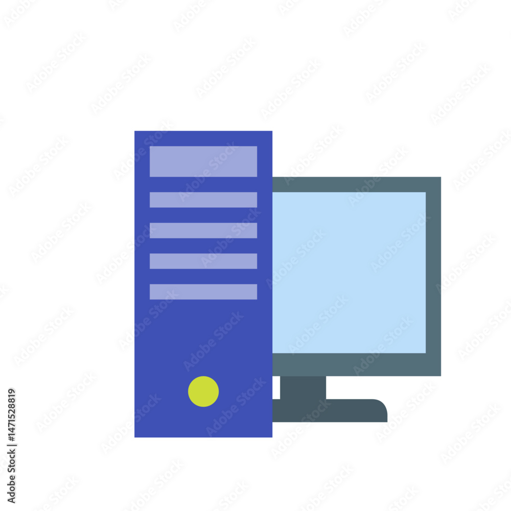Poster illustration of a desktop computer setup with a tower and monitor in a simple flat design style setu