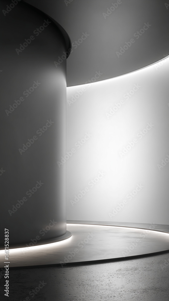 Poster abstract grayscale image showcasing a curved, minimalist display with subtle lighting, ideal for pro