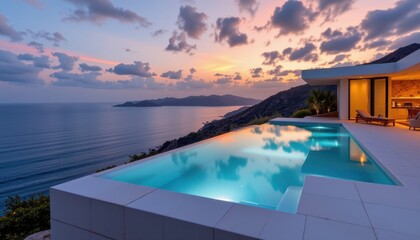 a tranquil beachfront view at sunset, featuring an infinity pool with a white deck overlooking a vast body of water