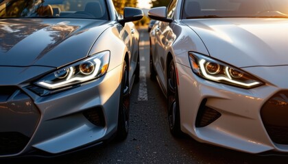 two identical sport cars parked side by side in a parking lot, showcasing their polished surfaces under the sunlight