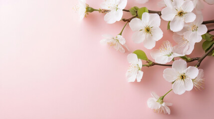 Obraz premium Delicate white cherry blossoms arranged on a soft pink background, creating a serene and elegant springtime floral composition. : Generative AI