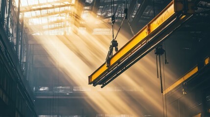 Massive yellow crane lifting thick steel beams across a shadowy factory interior filled with metal parts and structural frames