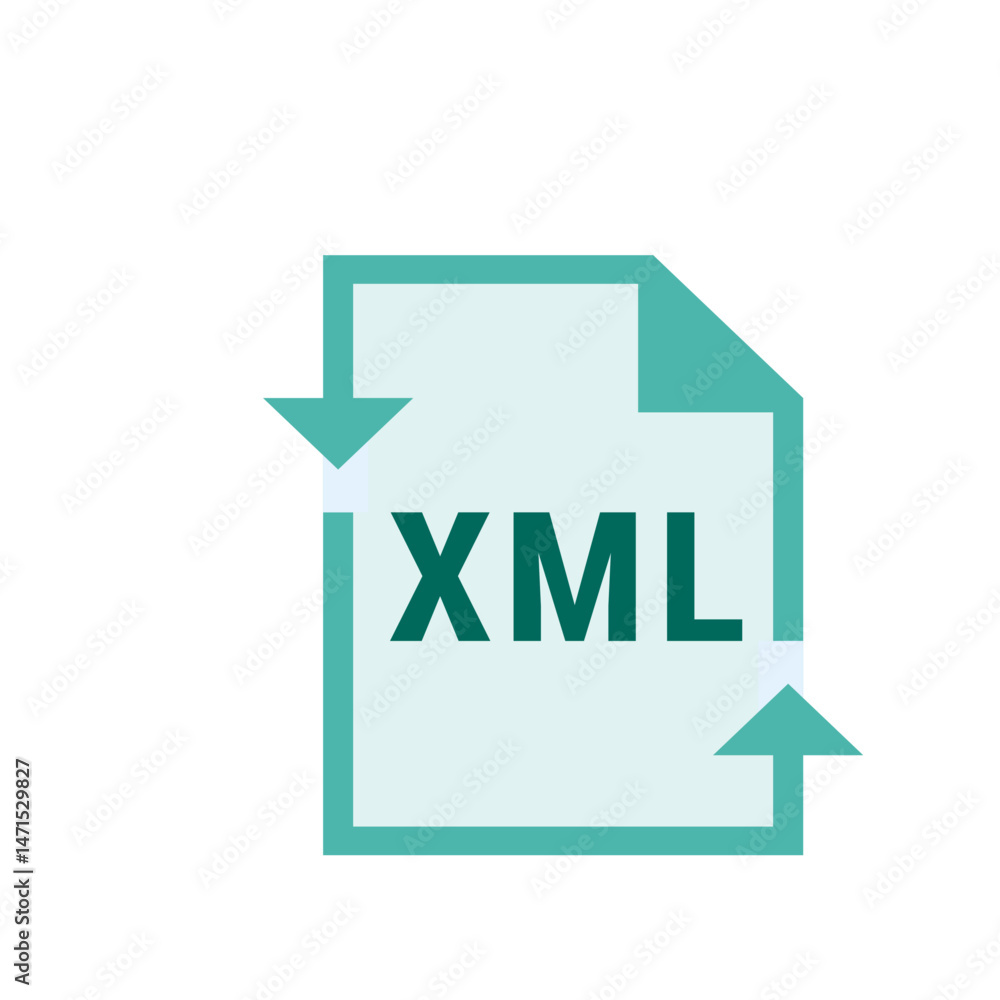 Poster illustration of an xml document with arrows indicating data transfer and a folded corner design elem