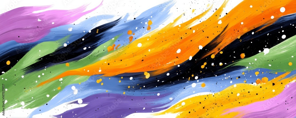 Poster abstract flowing ink strokes with vibrant colorful splashes in dynamic composition