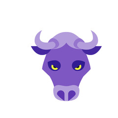 A stylized purple bull head with curved horns and yellow eyes on a white background in a flat design style