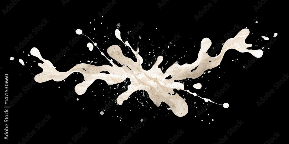 Poster dynamic abstract ink splash pattern in white and beige hues on a dark background