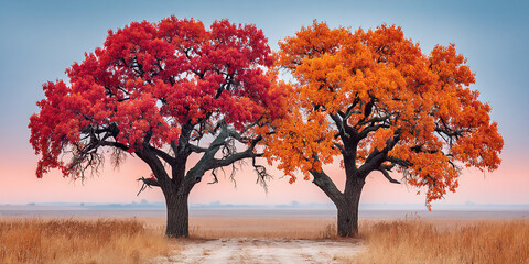 dramatic sunset over a field with silhouetted trees displaying vibrant autumn foliage in red and gold, warm golden light illuminating the scene,
