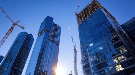 Fototapeta premium Modern skyscrapers under construction at sunset, viewed from below, showing cranes and blue glass facades reflecting the evening light. : Generative AI