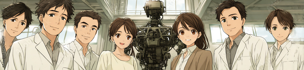 Poster illustration of a japanese robotics development team (designers, programmers) working on a humanoid 