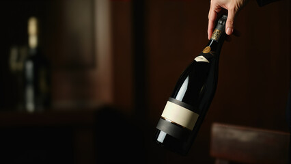 Wine bottle held by hand in graceful posture against a blurred background. Elegant ambiance emphasizes luxury and premium quality of the wine being presented.