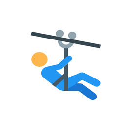 Illustration of a person ziplining with a harness and helmet attached to a cable in the air high up