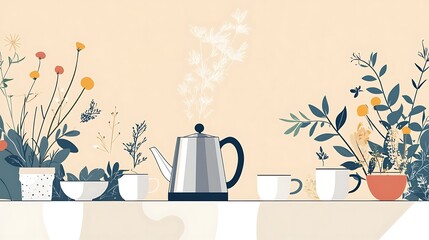 Herbal Tea Kettle  Cups Still Life.