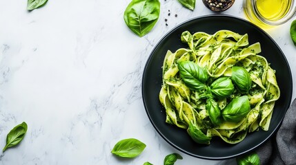 Obraz premium Stylish black plate of pasta with culinary greens and floral notes, placed on marble background