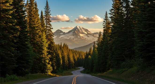 Mountain road through a forest at sunset.  Sunlight highlights a winding road leading to a snow-capped mountain peak framed by tall evergreen trees