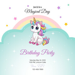Birthday party invitation. Template. Cute unicorn on a rainbow background. Vector illustration