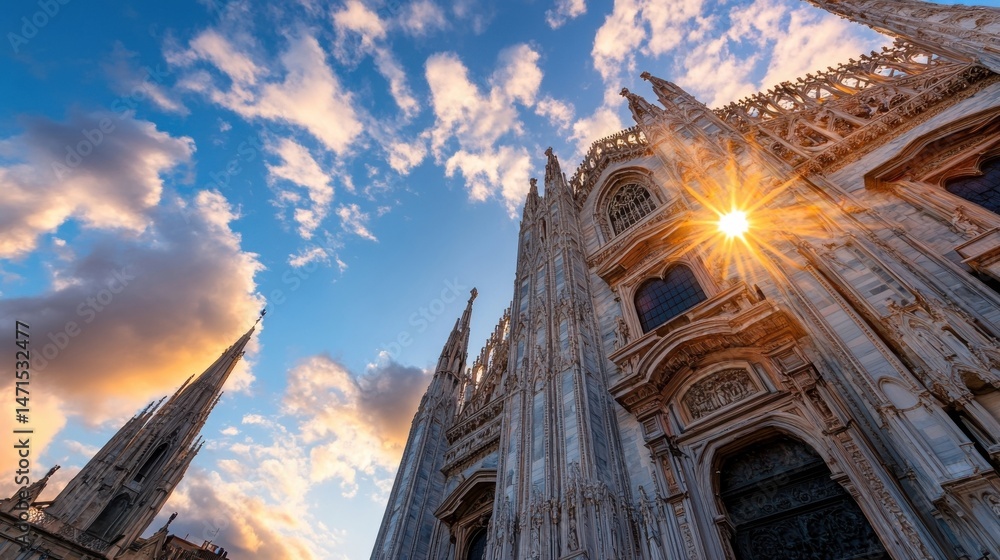 Poster sunbeams illuminate the intricate facade of milan cathedral, showcasing its gothic architecture and 