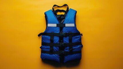 Waterproof life jacket in bold blue pops against a solid dark yellow backdrop, floating feel