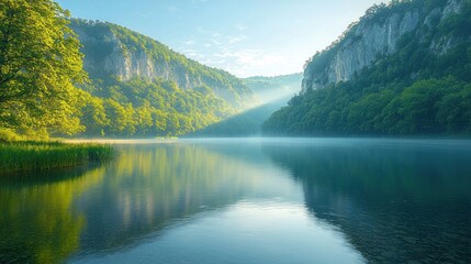 Obraz premium Serene lake nestled in a valley, reflecting morning light