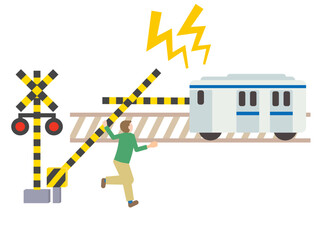 手動で踏切を上げ不正に渡る人と警笛を鳴らす列車のイメージのイラスト