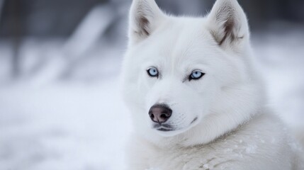 Obraz premium Portrait of a majestic white husky dog with striking blue eyes, sitting in a snowy winter landscape. The dog's fur is thick and fluffy, and its gaze is intense and captivating. : Generative AI