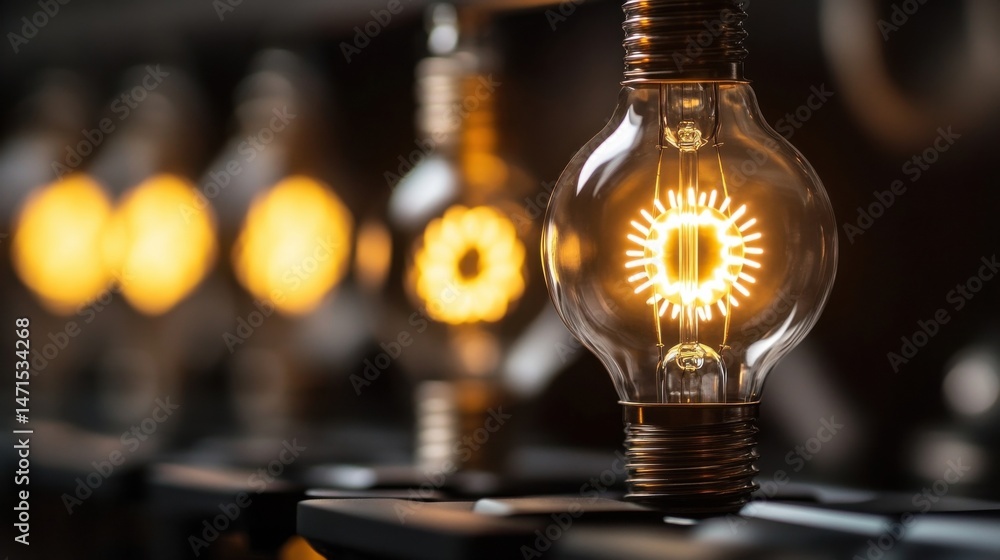 Aufkleber close-up of a glowing vintage edison light bulb with a unique filament design, surrounded by softly 