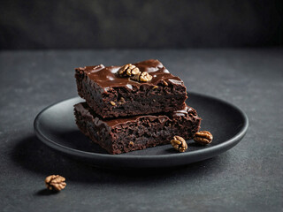 A stack of fudgy walnut brownies on a small white ceramic plate.