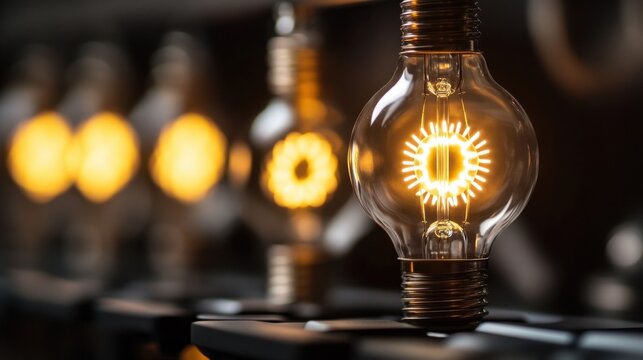 Close-up of a glowing vintage Edison light bulb with a unique filament design, surrounded by softly blurred background lights. : Generative AI