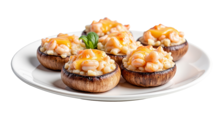 Stuffed Mushrooms with Seafood and Cheese on Transparent Background for Appetizers and Party Dishes