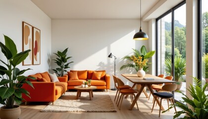 Obraz premium this is an interior room with modern furniture and decor. the space features an open floor plan, connecting the living area to what appears to be a dining area in the background