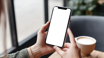 Fototapeta na wymiar Woman's hands holding smartphone with blank screen in cafe, near latte, mockup, technology, communication : Generative AI