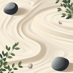 A minimalist design featuring smooth sand-like textures, stones, and leaves.