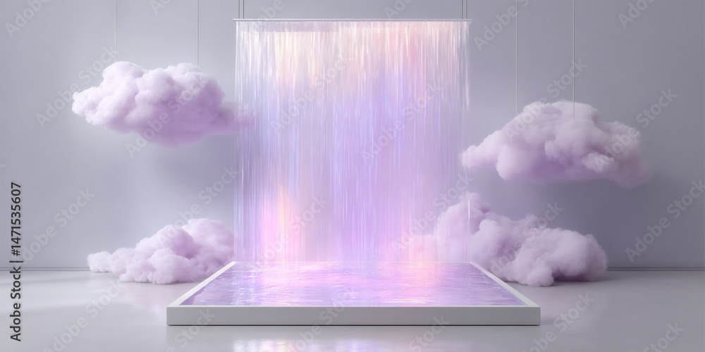 Poster abstract digital illustration of colorful light streaks forming a rainbow waterfall cascading from a