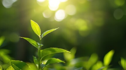 Obraz premium A vibrant young tea plant sprout basks in the warm sunlight, its fresh green leaves glistening with morning dew, a symbol of new growth and nature's resilience. : Generative AI