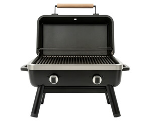 Black portable gas grill with wooden handle on a transparent background
