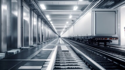 Fototapeta premium High-tech automated system, loading freight onto cargo train, clean modern railway logistics center, smart transport, industrial automation, supply chain efficiency, commercial freight handling.