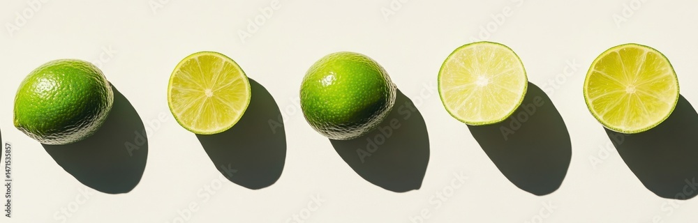 Poster five limes arranged in a row, some whole and some halved, cast shadows on a light beige surface. a v