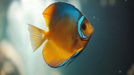 Naklejka premium Stunning close up of a colorful orange and blue discus fish swimming elegantly in an aquarium