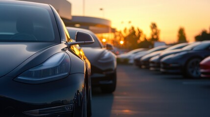 Obraz premium Luxury electric vehicles parked at sunset, showcasing sleek design and modern technology. A close-up view highlights the headlight of a dark-colored car. : Generative AI