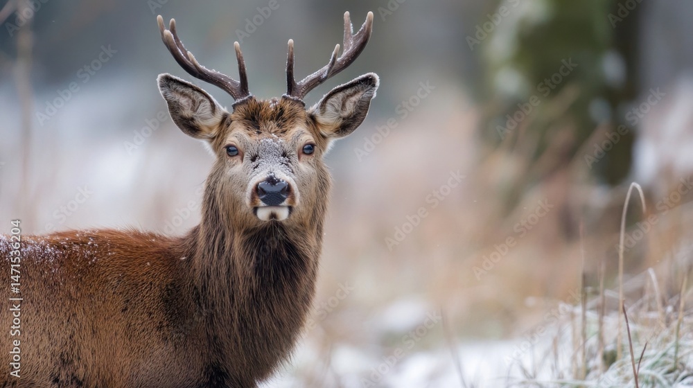 Poster a majestic red deer stag stands in a snowy winter forest, its antlers dusted with frost, gazing dire