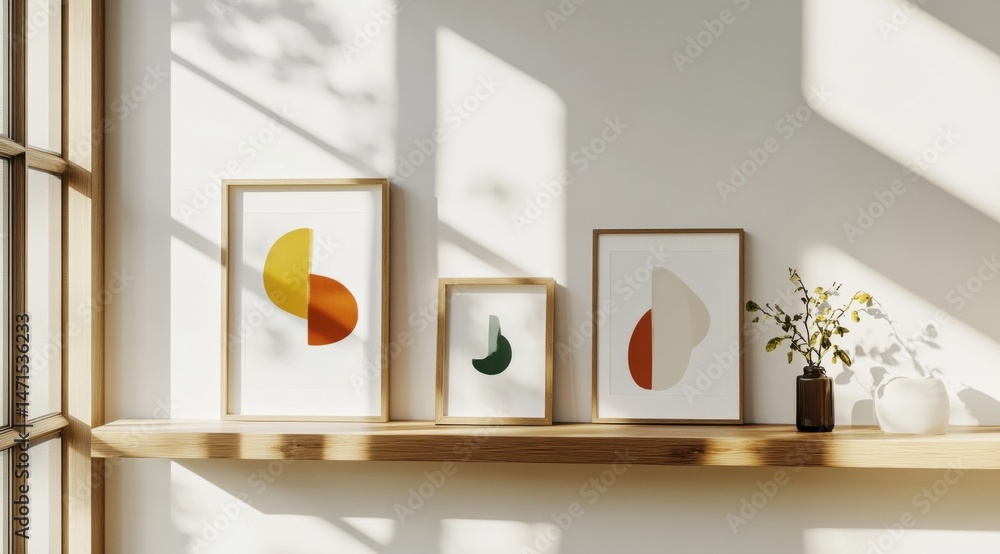 Poster three abstract art prints in wooden frames adorn a light oak shelf, bathed in sunlight streaming thr