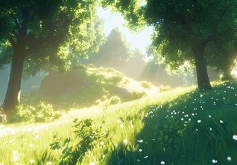 Sunlit meadow scene with lush green grass, wildflowers, and majestic trees creating a tranquil, idyllic forest landscape. : Generative AI