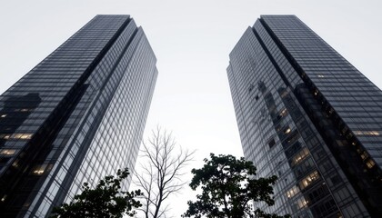 Fototapeta premium tall modern skyscrapers tower above a cityscape, with one prominently in focus against a backdrop of another building and the edge of a structure peeking out on the right
