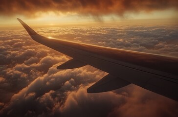 Obraz premium Side view of airplane wing flying over sunset clouds